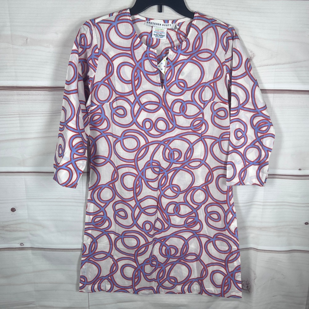 Gretchen Scott Tunic Top Womens Shrimp XXS White Pink Swirl Print Side Slits